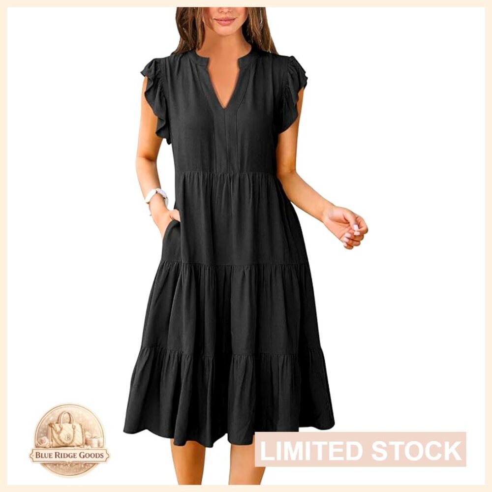 Ruffle Sleeve V Neck Midi Dress Boho Tiered Flowy Summer Casual Chic
